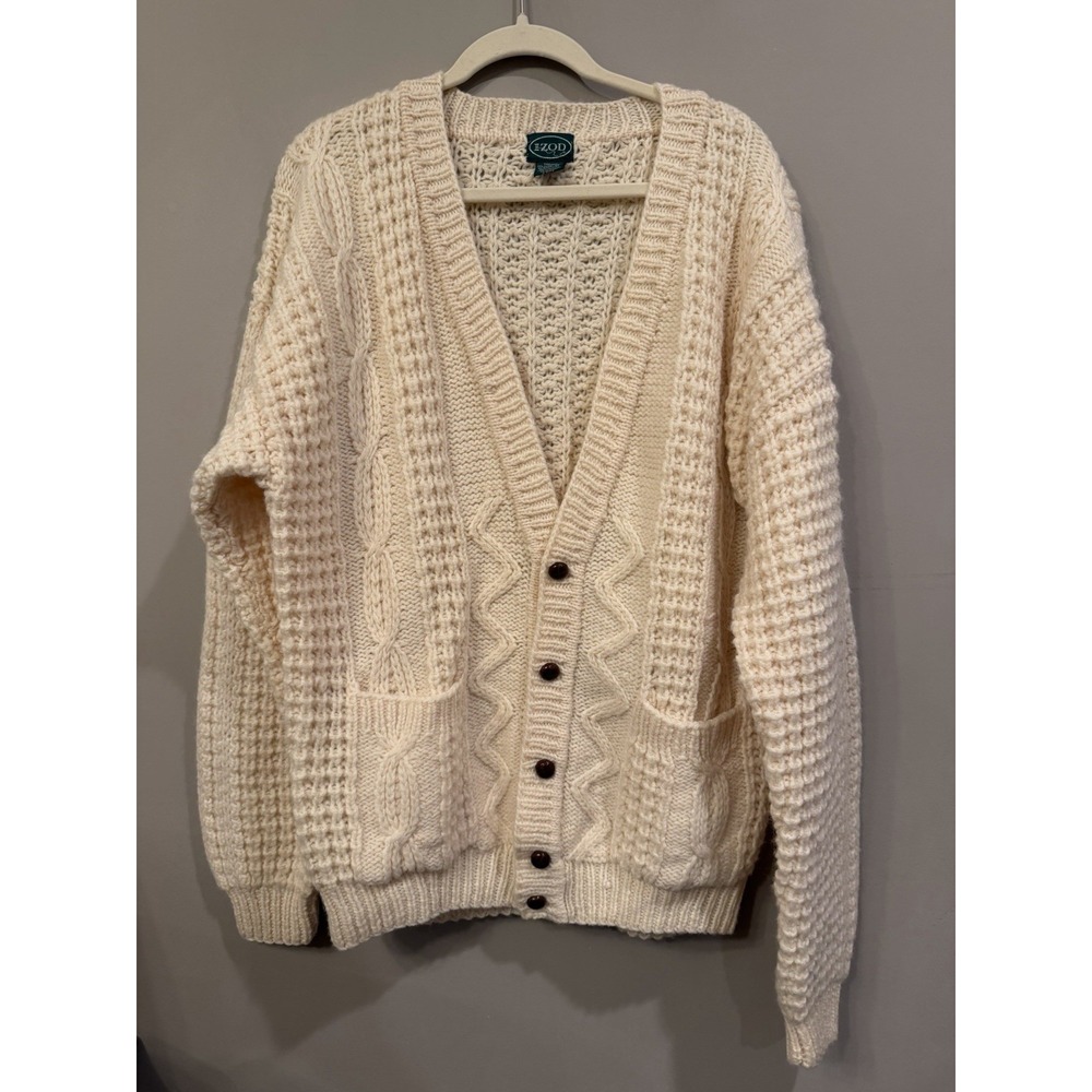Vintage Izod Wool Cableknit Cardigan Oversized Medium Ivory Fisherman